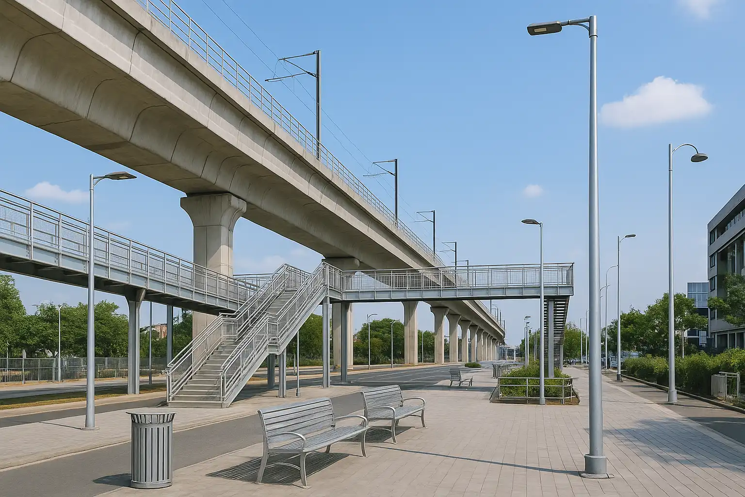 Urban infrastructure—metro bridges, street furniture, and lighting columns galvanized in Chennai